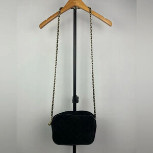 Black Quilted Faux Leather Camera‎ Bag with Golden Chain and Faux Leather Strap